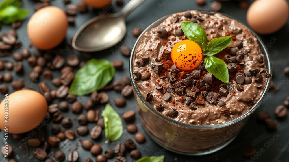 Fototapeta premium A close-up of a dessert in a glass on a table surrounded by coffee beans and an egg perched atop it