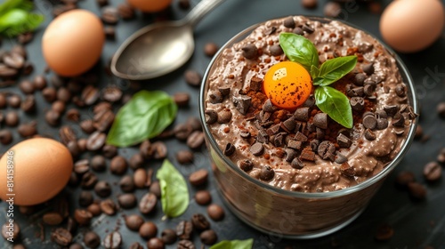  A close-up of a dessert in a glass on a table surrounded by coffee beans and an egg perched atop it