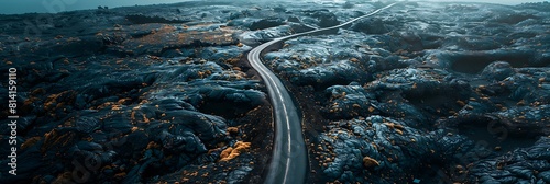 Aerial view of a road that runs through lava fields between the indented coastline of Lanzarote, Canary Islands, Spain, Africa, Wild nature realistic nature and landscape photo