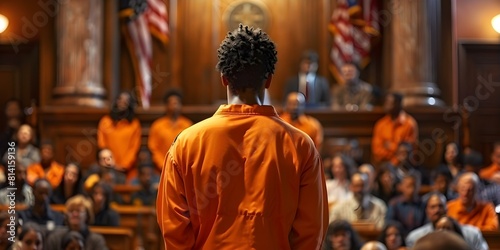 In Court: Inmate in Orange Jumpsuit Denies Charges and Asserts Innocence. Concept Legal Proceedings, Criminal Justice, Innocent Until Proven Guilty, Inmate Rights, Orange Jumpsuit photo