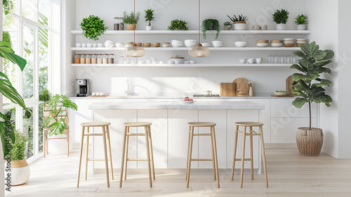 A kitchen with a white counter and four wooden stools