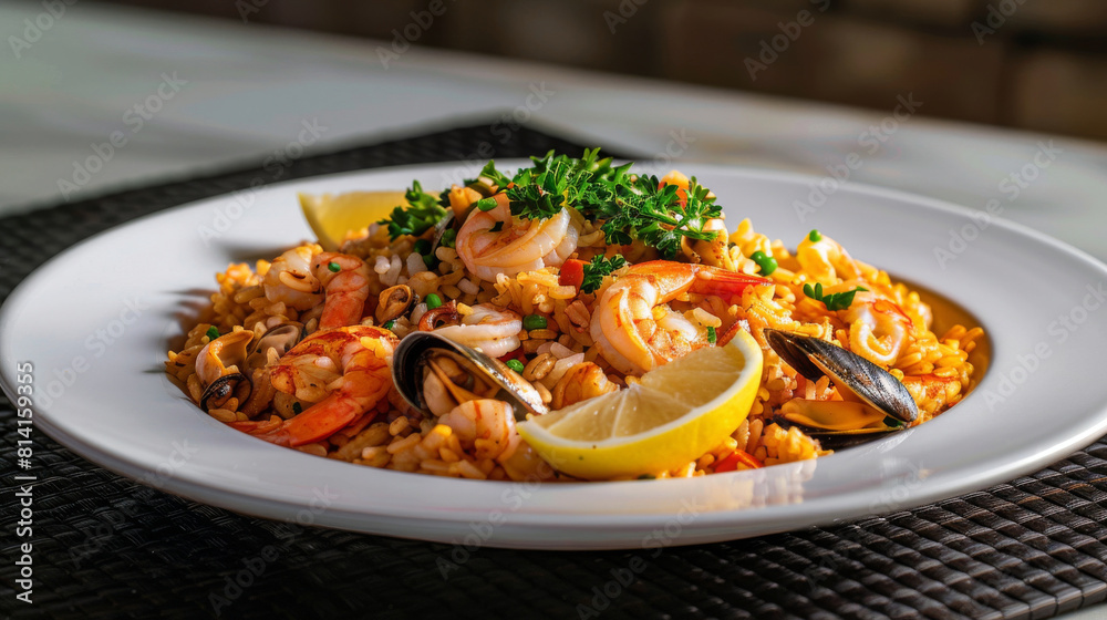 Traditional angolan seafood paella served on a white plate garnished with parsley and lemon, capturing the essence of angolan cuisine