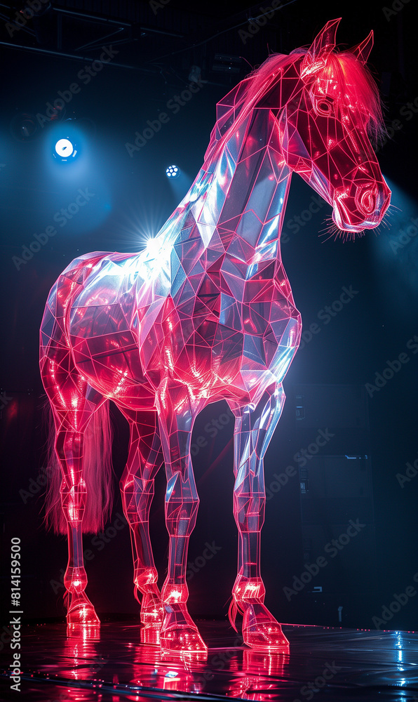 The neon horse is pink in color. A hologram of a horse. A horse made of ...