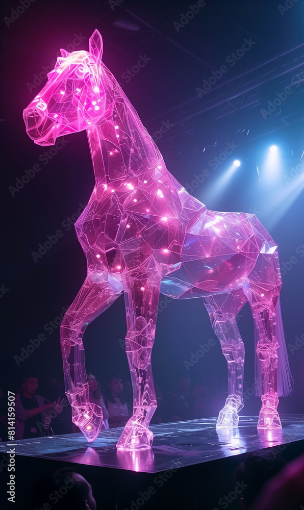 The neon horse is pink in color. A hologram of a horse. A horse made of ...