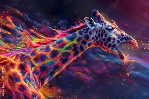 A giraffe in full roar, charging forward with a fierce expression. Captured in a dynamic colours. Splashes and splatters around the giraffe suggest its swift movement and wild energy