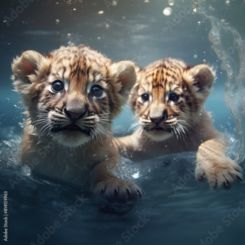 two lion cubs underwater