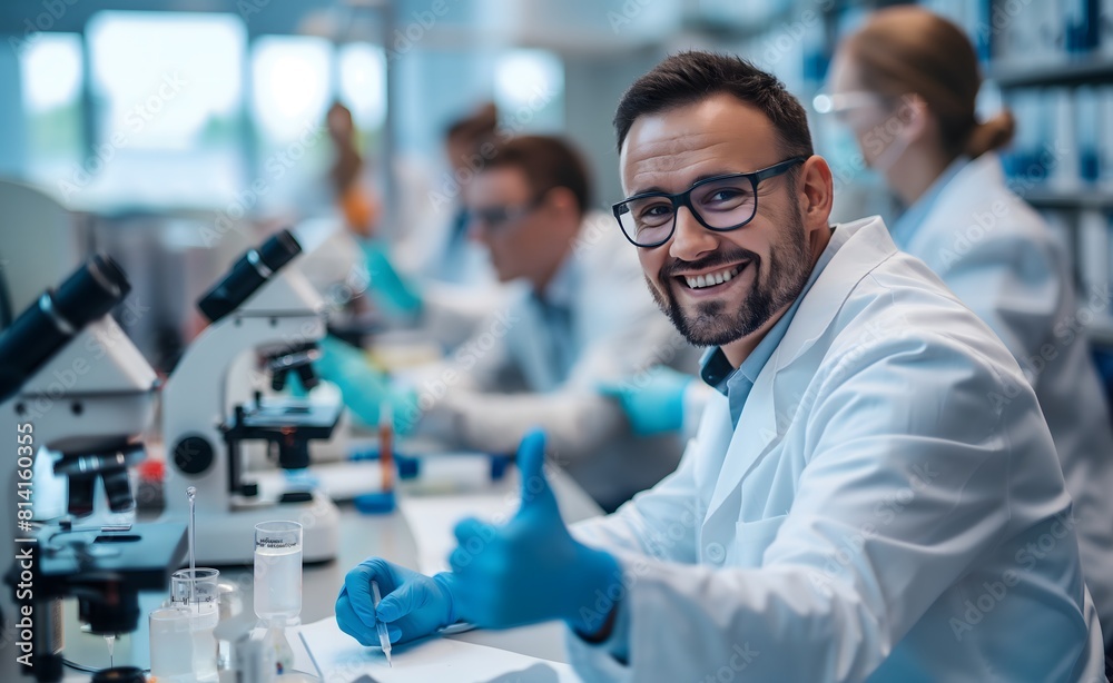 A happy male scientist wearing a white lab coat, blue gloves and glasses, modern laboratory, He's giving a thumbs up while smiling