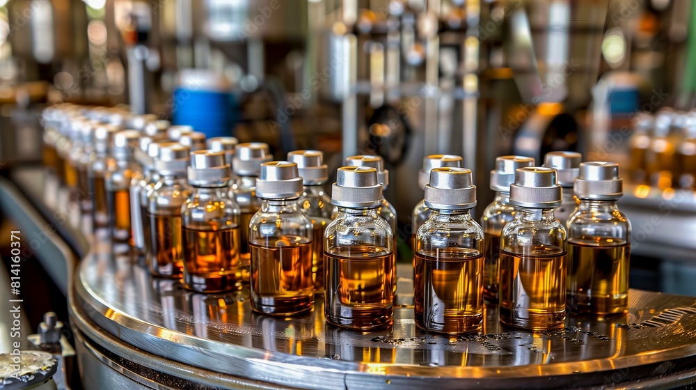 A row of bottles of alcohol are being filled on a conveyor belt A row of bottles of alcohol are being filled on a conveyor belt