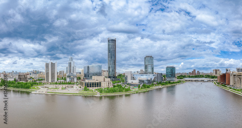 Yekaterinburg city with Buildings of Regional Government and Parliament  Dramatic Theatre  Iset Tower  Yeltsin Center  panoramic view at summer sunset.