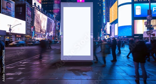 A mock up, white blank advertising board in a busy New York street at night, retail and business concept
