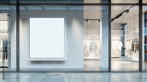 A mock up, white blank advertising board in a clothes shop window display, modern glass front, retail and business concept.