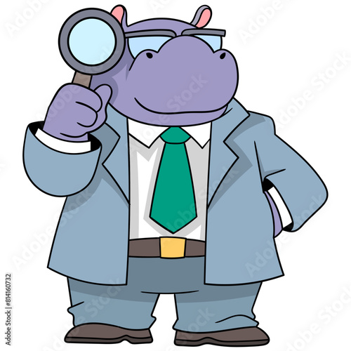 A businessman hippo is carrying a magnifying glass and is conducting marketing business research