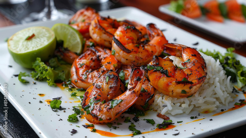 Grilled shrimp and white rice with herb garnish and lime, highlighting the flavors of angolan cuisine photo