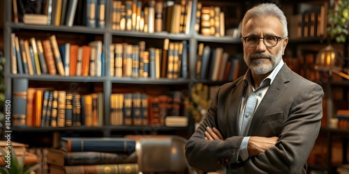 Experienced lawyer standing in an office in front of a bookshelf filled with law books. Concept Law Office, Lawyer Portrait, Legal Professional, Expertise, Bookshelf Display