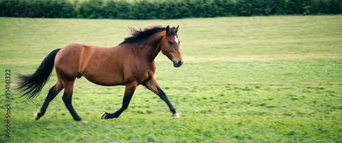 Brown horse runs galloping across a lush  vibrant green field