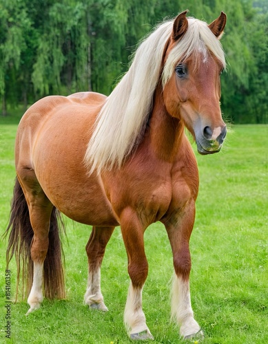 Brown horse with a white mane stands on a bright green field filled with lush vegetation