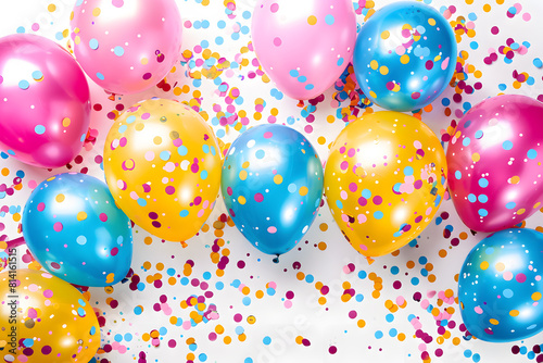 Colorful party balloons with confetti background