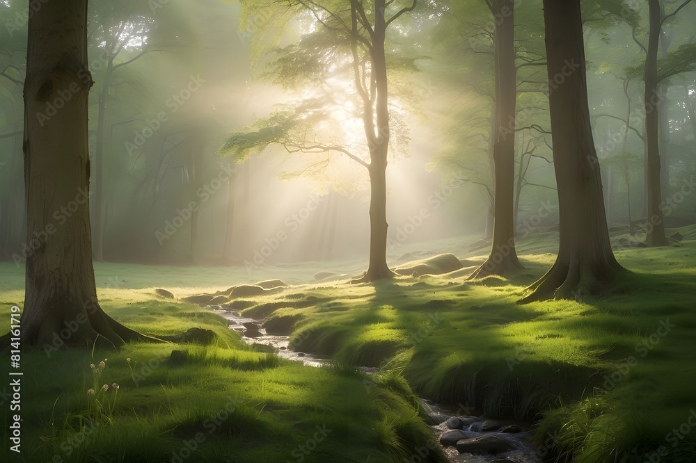 Naklejka premium Serenity in Nature: Capturing the Beauty of Realistic Landscapes, AI-generated images of charming nature landscape. Capturing the Peace of Natural Environments.