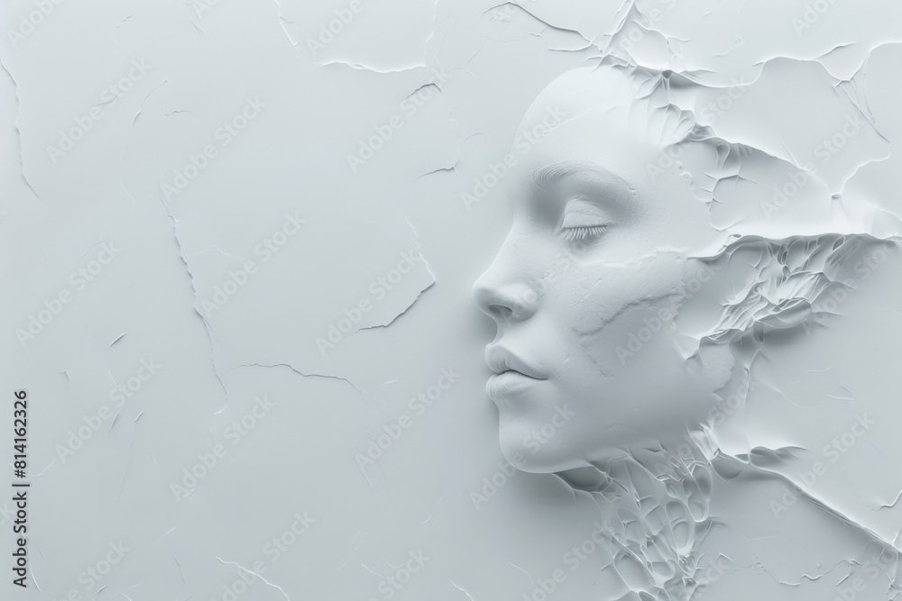 Fototapeta premium Fragmented sculpture of a woman's face on a textured white background