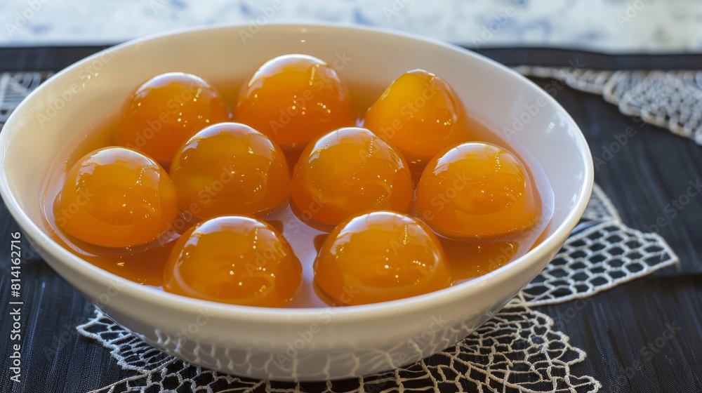 Close-up of cocada amarela, a popular angolan dessert, featuring peeled and cooked egg yolks in syrup Close-up of cocada amarela, a popular angolan dessert, featuring peeled and cooked egg yolks in syrup