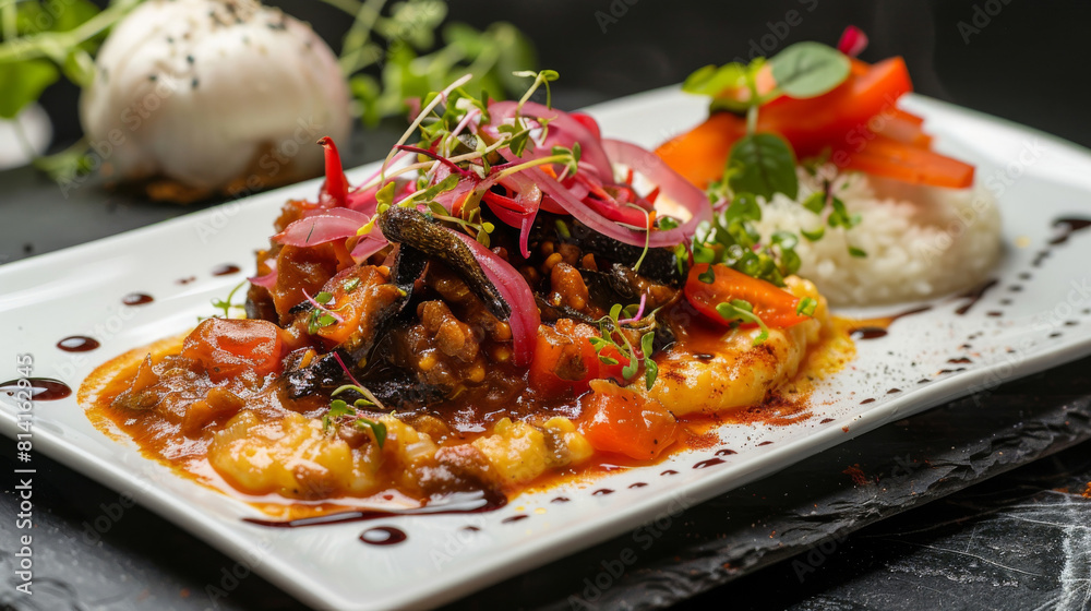 Authentic angolan moamba de galinha served with white rice, vegetables, and garnishes, displayed elegantly on a white plate Authentic angolan moamba de galinha served with white rice, vegetables, and garnishes, displayed elegantly on a white plate