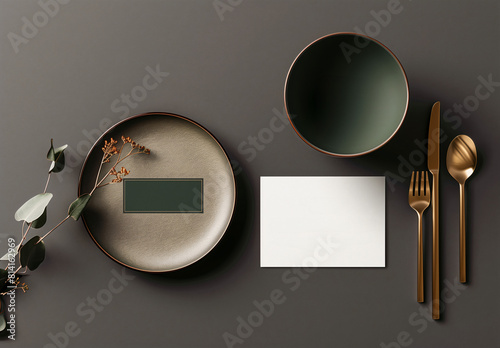Traditional business card or poster mock-up showing a blank paper card next to a beautiful plate and bowl as well as golden cutlery on a dark gray background