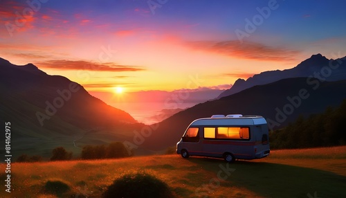 A silver camper van is parked on a grassy hillside