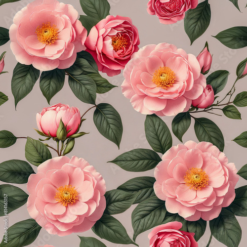 Seamless pink camellia roses pattern on beige background  realistic style  minimalism. Generative ai