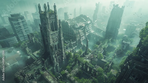 A beautiful painting of a ruined city with overgrown plants and a clock tower in the center. The sky is foggy and the atmosphere is very mysterious.