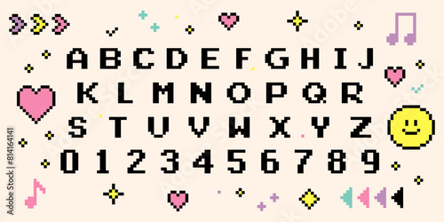 Pixel game font and elements set. 8-bit alphabet symbols, letters and numbers. Y2k. 90's aesthetics.  Oldschool retro nostalgic typeface. Vector illustration