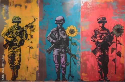 A colorful collage featuring iconic graffiti   soldiers holding guns and children playing with sunflowers  all set against a backdrop of rainbow stripes  contrast to war