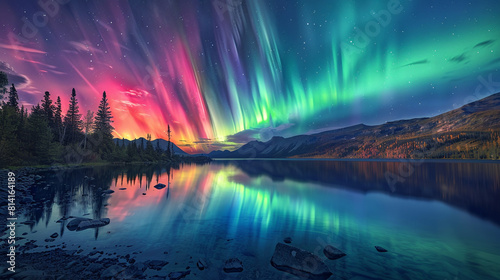 Aurora borealis casting a magical glow on the tranquil lake