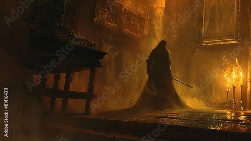 Hooded Figure with Sword in Candlelit Chamber