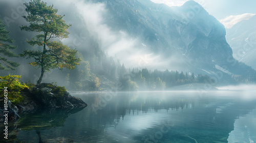 Misty morning at a mountain lake, shrouded in mystery