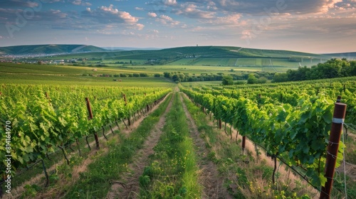 Horizontal shot of central european vineyard  long lines