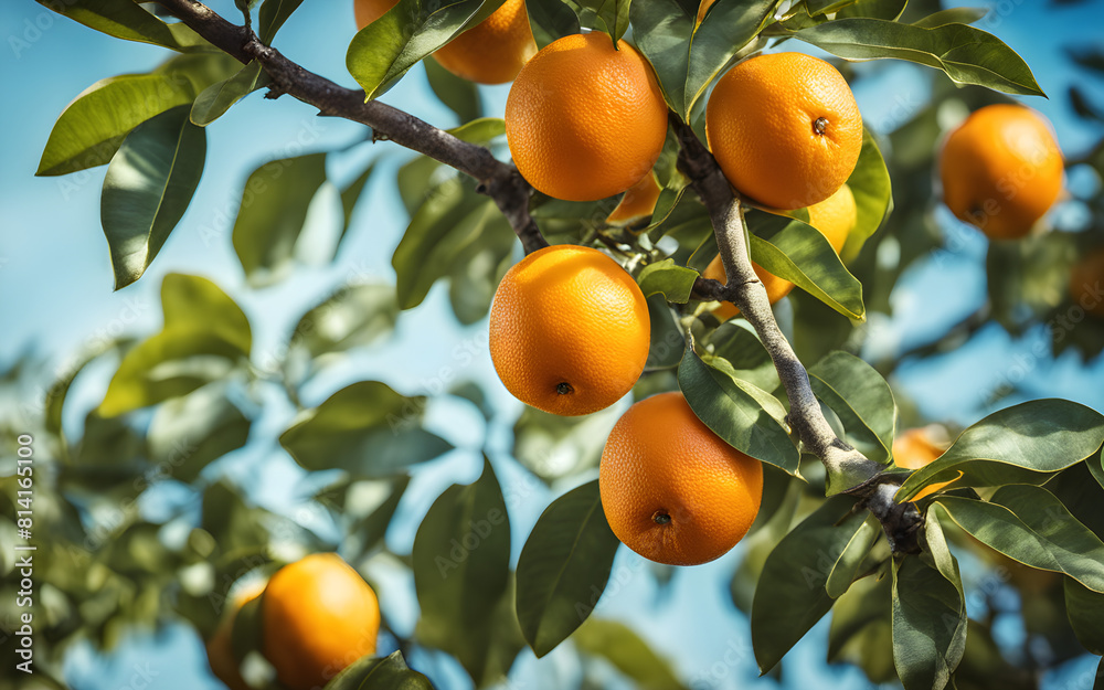 Orange tree branch with ripe oranges, blue sky background, vibrant and fresh