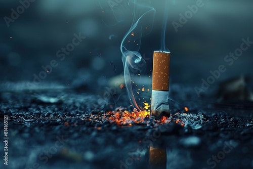 Extinguished cigarette on asphalt with smoke and embers.