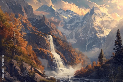 A painting depicting a grand waterfall flowing among the mountains, showcasing the power and beauty of nature. Generative AI
