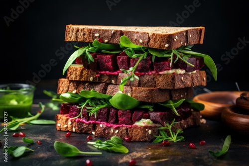 Healthy vegan sandwich with sliced beetroot, arugula, and seeds on a rustic wooden surface