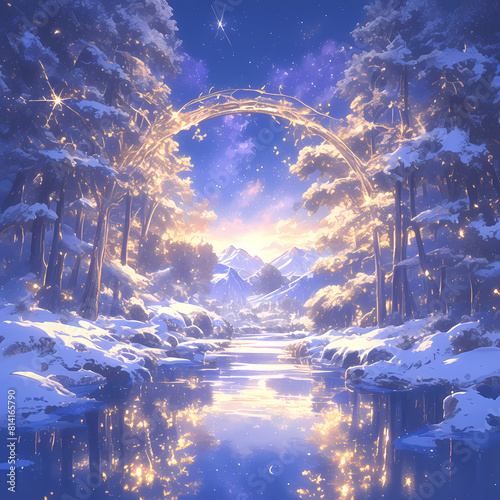 Discover the Ultimate Peace and Serenity in this Dreamy Winter Scene with a Stunning Silverized Forest Path Leading to a Majestic Mountain Vista. Perfect for Advertising   Promotions 