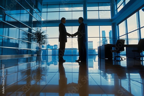 businessman handshake over a desk, modern office with glass, success