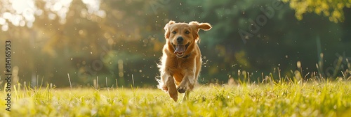 Joyful happy dog energetically dashes through grassy field, barking joyfully under bright daylight photo