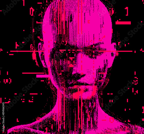 Distorted silhouette of a bald pink human head. Conceptual image of facial recognition and anonymity systems. Pixel art style vector illustration.