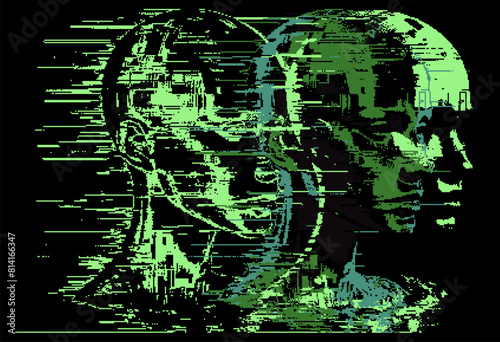 Distorted silhouette of a bald human head. Conceptual image of facial recognition and anonymity systems. Pixel art style vector illustration.