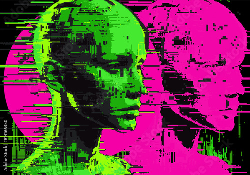 Distorted silhouette of a bald green human head. Conceptual image of facial recognition and anonymity systems. Cyberpunk pixel art style vector illustration.