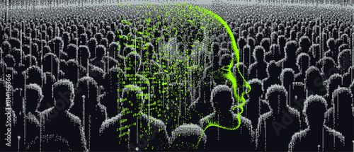 Pixel art style illustration depicting a glitchy silhouette of a human crowd. Сonceptualization of the interaction between technology and humanity.