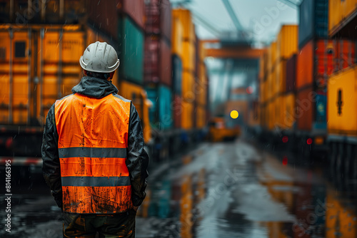 A cargo port worker inspecting containers in warehouse, with cranes and containers in the background photo