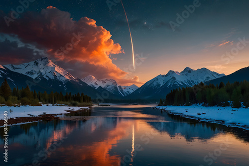 Far space rocket launch at twilight, nature landscape with lake and beautiful reflection in water