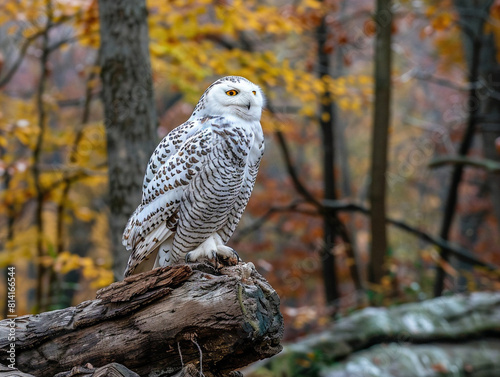 Majestic snowy owl perched gracefully on a tree branch in natural wilderness setting, looking regal. photo