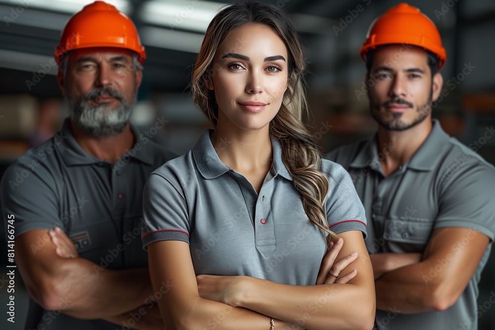 Group of factory workers standing together with crossed arms and smiling in industry factory, dressed in uniform and wearing helmets Group of factory workers standing together with crossed arms and smiling in industry factory, dressed in uniform and wearing helmets